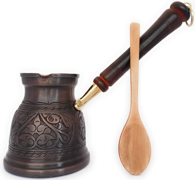DEDE Copper - IST Series (XLarge-16.9 floz)-Thickest Solid Copper Engraved Turkish Greek Arabic Coffee Pot with Wooden Handle, Stovetop Coffee Maker Cezve, Jezve, Jazva, Jazzve, Ibrik, Briki (Antique) - Image 1